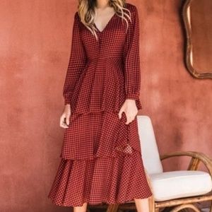 Red and black check dress.
